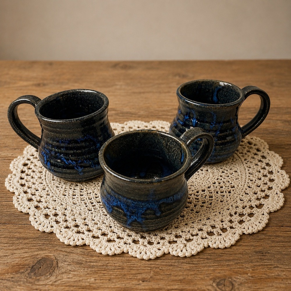 Vtg Signed Studio Pottery Mugs Set of 3 Rustic Blue Glaze Stoneware‎ 2005 2007